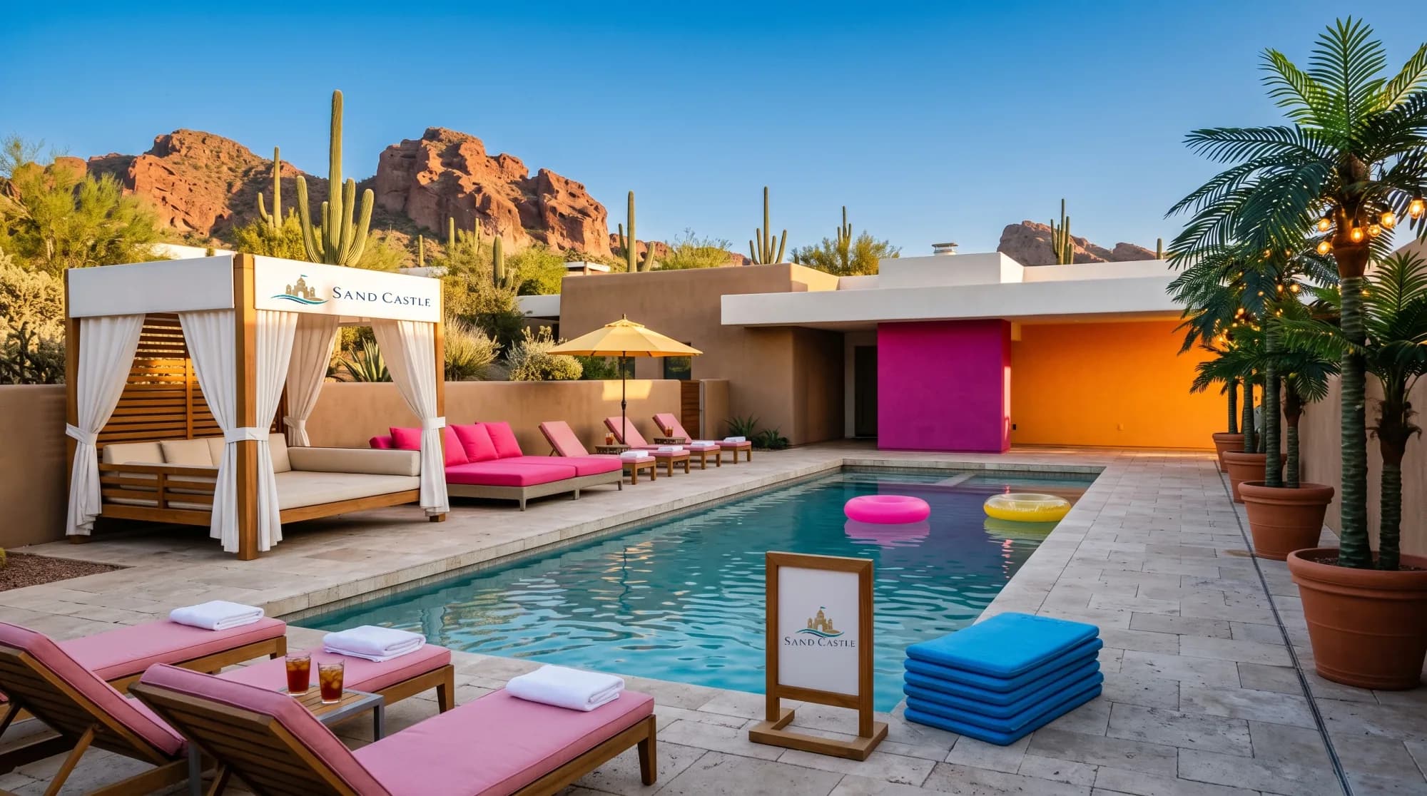 Una terraza de piscina de resort en Arizona bajo cerros rojos y cactus saguaro, equipada con cabanas, camas balinesas, tumbonas, sombrillas, toallas, mesas auxiliares, señalización, colchonetas de tobogán, palmeras en maceta e iluminadas y flotadores de Sand Castle, con el logo de Sand Castle impreso en el faldón del cabana y en el letrero de la piscina