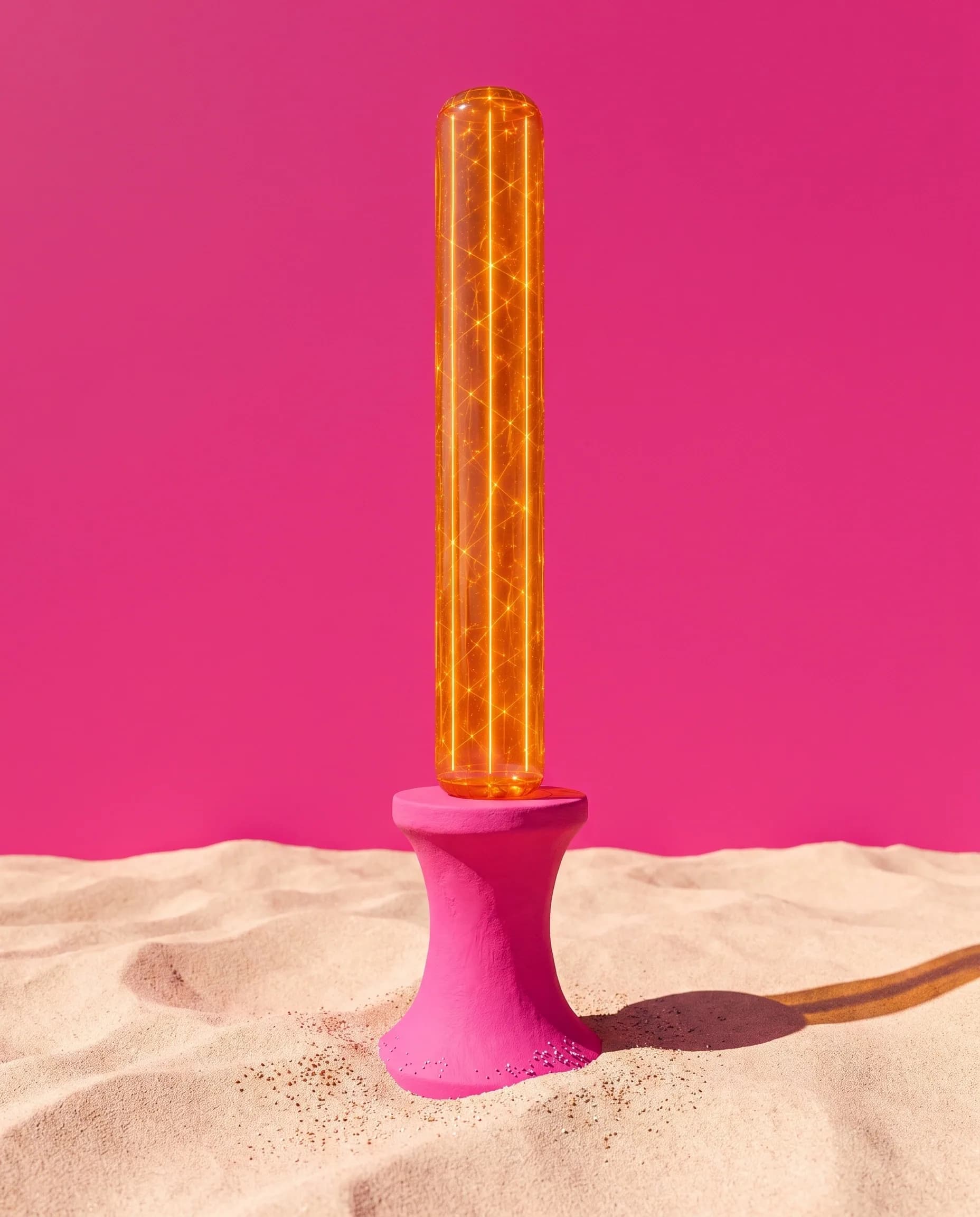 Le Sand Castle Premium Noodle sur un socle rose posé dans du sable, sur un décor rose vif