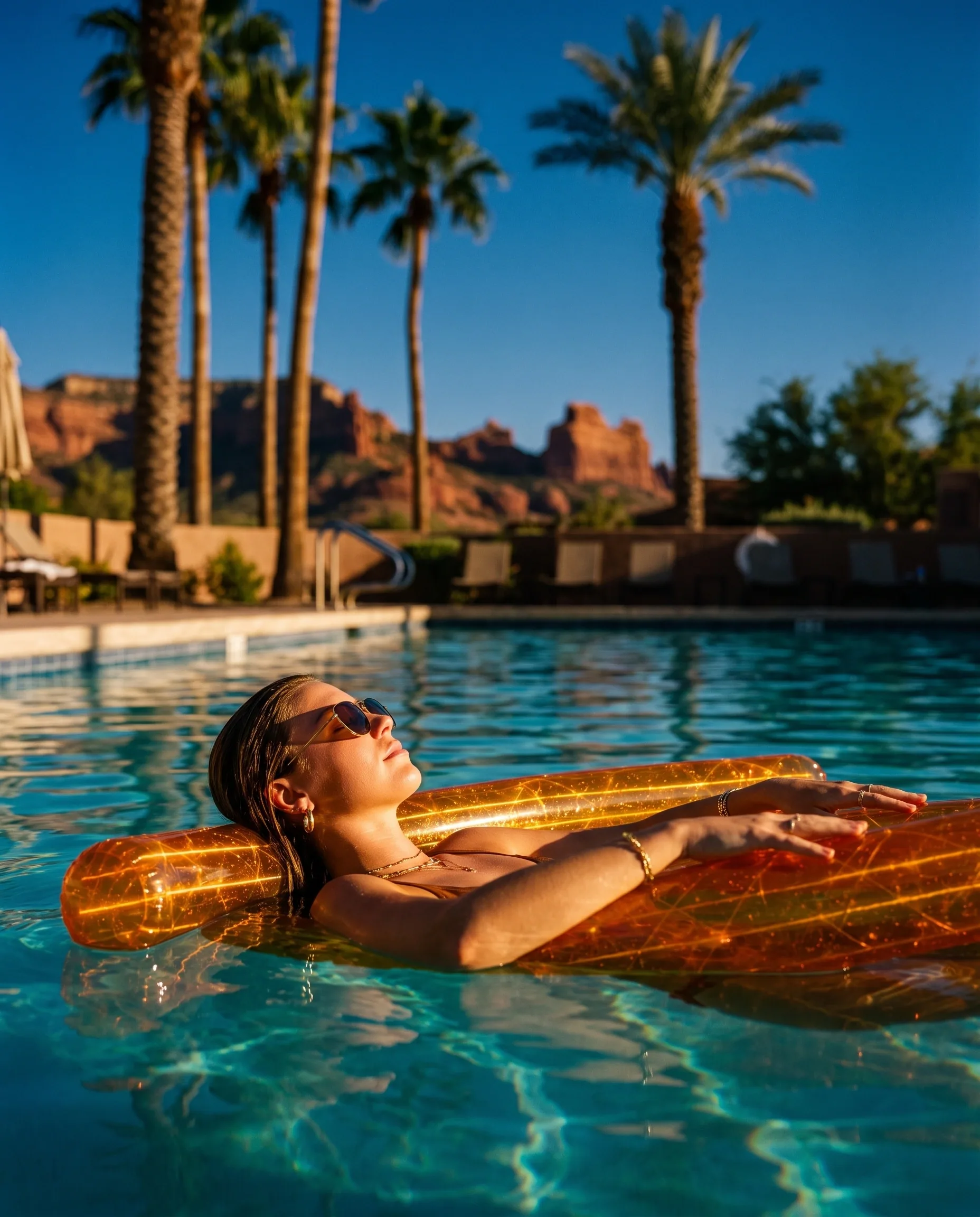 Flotter sur le Sand Castle Premium Noodle dans une piscine de resort turquoise