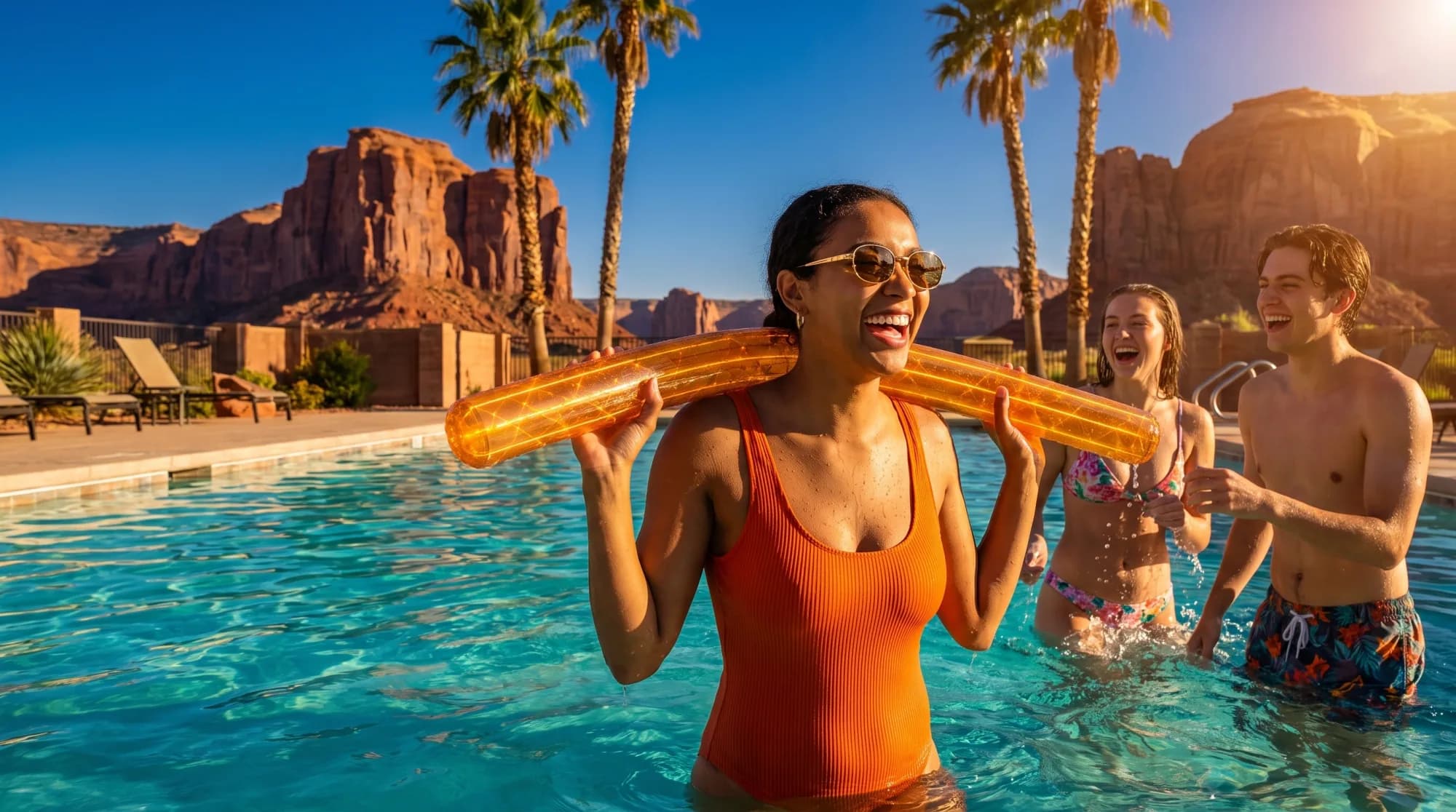 Trois amis dans une piscine de resort en Arizona tenant le Sand Castle Premium Noodle