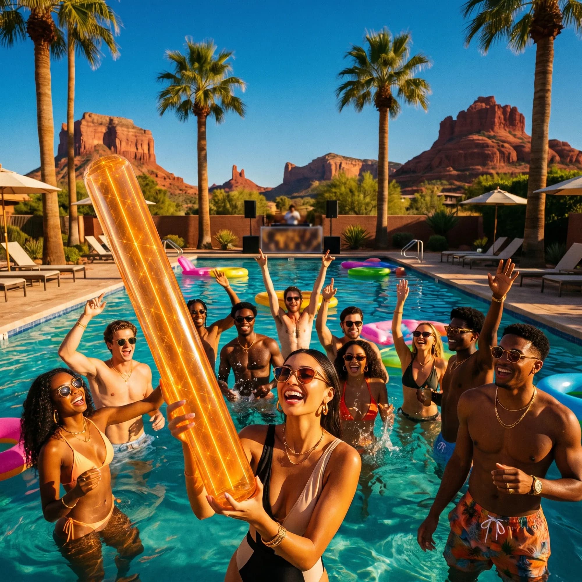 A crowded Arizona resort pool party, the glowing noodle held above the water
