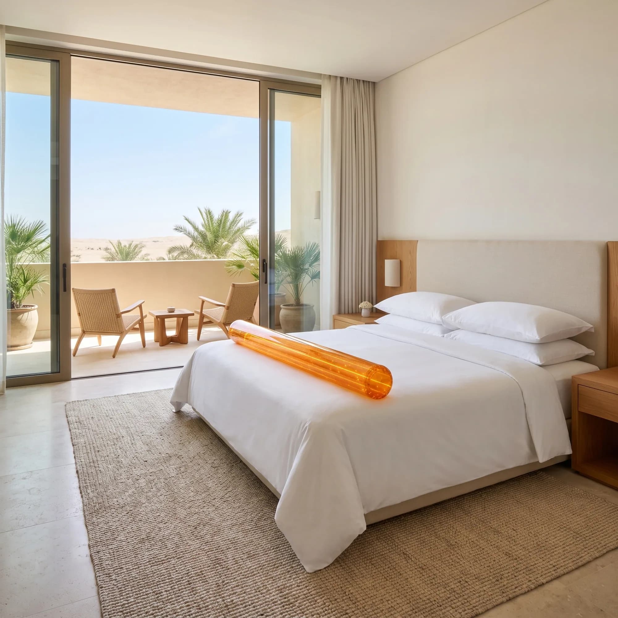 Una suite de resort con el Sand Castle Premium Noodle atravesado sobre la cama